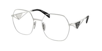 Das Bild zeigt die Prada Brille 59ZV in Silber leicht schräg von der Seite.